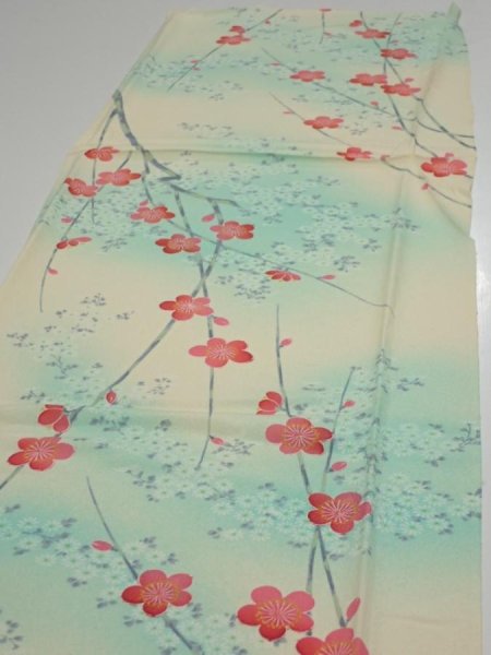 Photo3: 4F03z80  Japanese Kimono Silk  FABRIC Plum branch Light cream 62.2x14.0 (3)