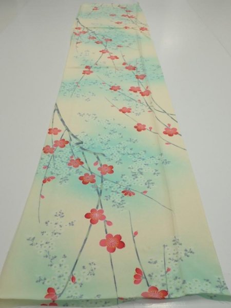 Photo5: 4F03z80  Japanese Kimono Silk  FABRIC Plum branch Light cream 62.2x14.0 (5)