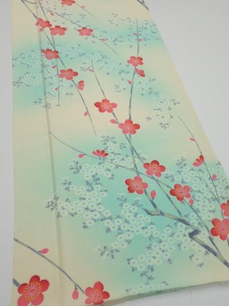 Photo2: 4F05z80  Japanese Kimono Silk  FABRIC Plum branch Light cream 62.6x14.0 (2)