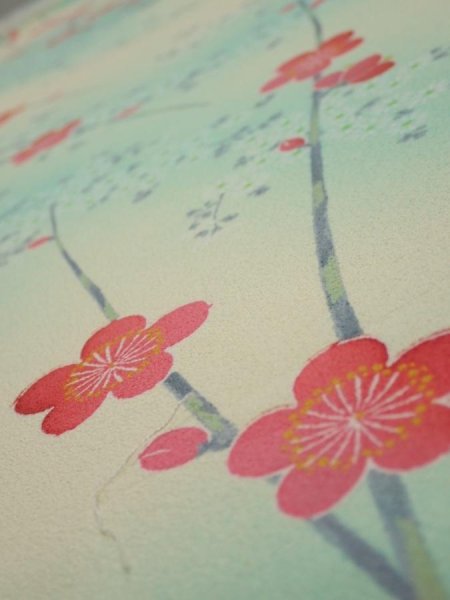 Photo4: 4F05z80  Japanese Kimono Silk  FABRIC Plum branch Light cream 62.6x14.0 (4)