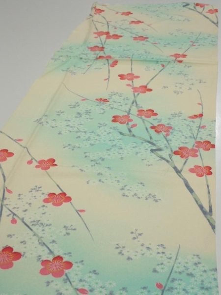 Photo3: 4F06z80  Japanese Kimono Silk  FABRIC Plum branch Light cream 63.8x14.0 (3)