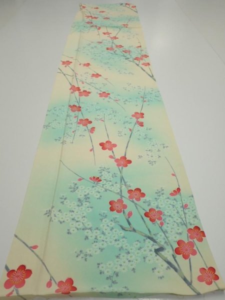Photo5: 4F06z80  Japanese Kimono Silk  FABRIC Plum branch Light cream 63.8x14.0 (5)