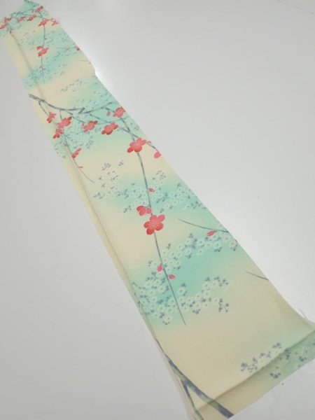 Photo8: 4F07z40  Japanese Kimono Silk  FABRIC Plum branch Light cream 56.3x6.9 (8)