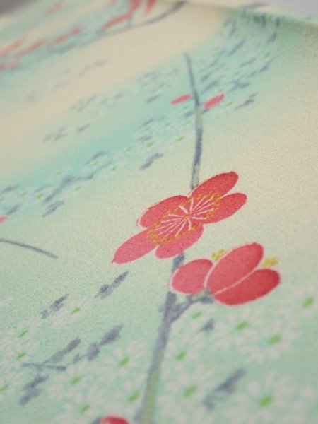 Photo4: 4F08z40  Japanese Kimono Silk  FABRIC Plum branch Light cream 55.9x7.1 (4)