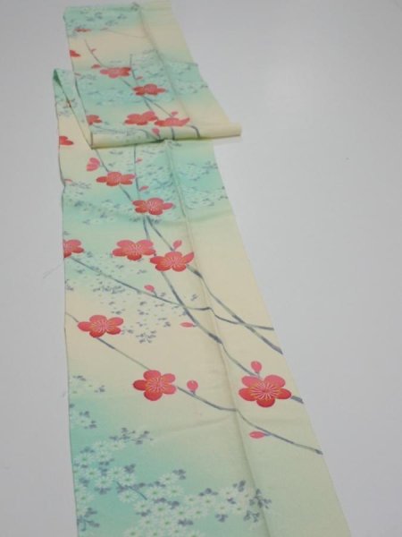 Photo3: 4F09z50  Japanese Kimono Silk  FABRIC Plum branch Light cream 79.5x6.9 (3)