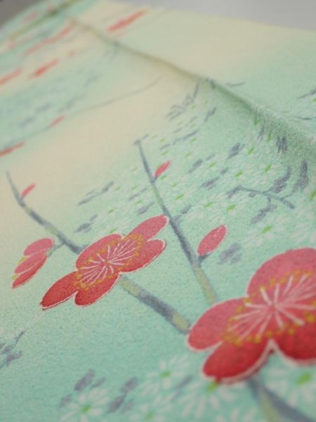 Photo4: 4F09z50  Japanese Kimono Silk  FABRIC Plum branch Light cream 79.5x6.9 (4)