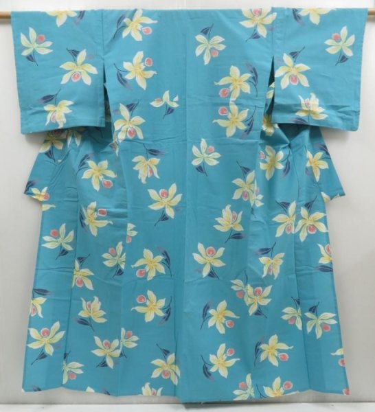 Photo1: 5228T02z460 Vintage Japanese Kimono Cotton YUKATA Flower Water blue (1)