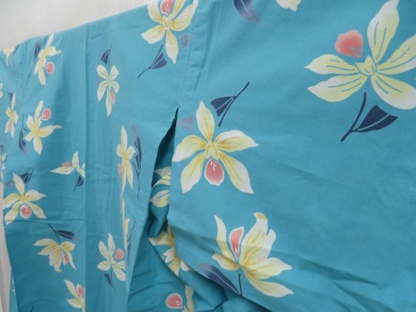 Photo2: 5228T02z460 Vintage Japanese Kimono Cotton YUKATA Flower Water blue (2)