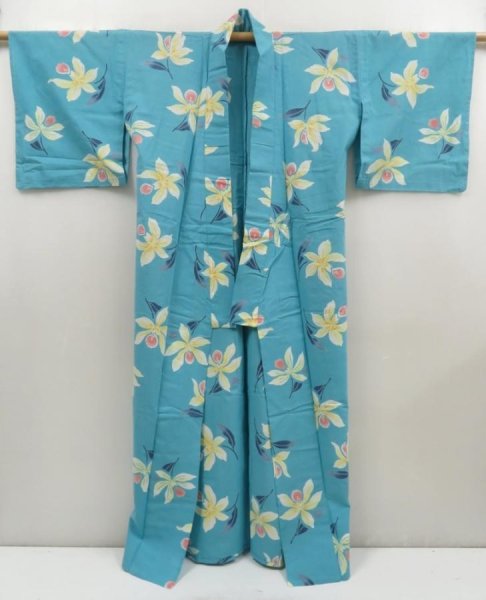 Photo8: 5228T02z460 Vintage Japanese Kimono Cotton YUKATA Flower Water blue (8)