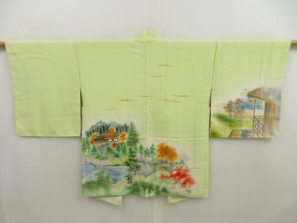 Photo1: 5228T05z630 Vintage Japanese Kimono Silk HAORI Scenery Light olive (1)