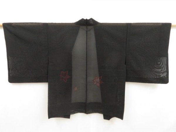 Photo1: 5228T07z240 Vintage Japanese Kimono Silk See through HAORI Leaf Black (1)