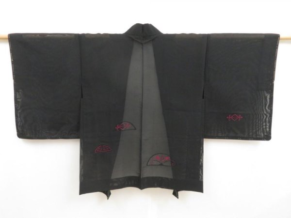 Photo1: 5228T10z280 Vintage Japanese Kimono Silk See through HAORI  Black (1)