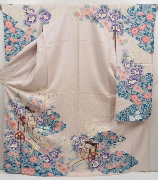 Photo1: 5228T12z1100 Vintage Japanese Kimono Silk FURISODE Royal cart Ash pink (1)