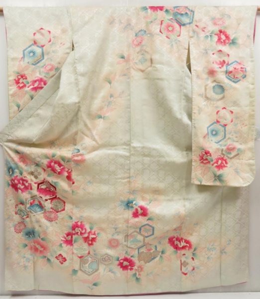 Photo1: 5228T13z1120 Vintage Japanese Kimono Silk FURISODE Flowers Off-white (1)