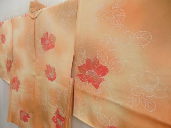 Photo2: 5301T08z500 Vintage Japanese Kimono Silk HAORI Flower Coral orange (2)