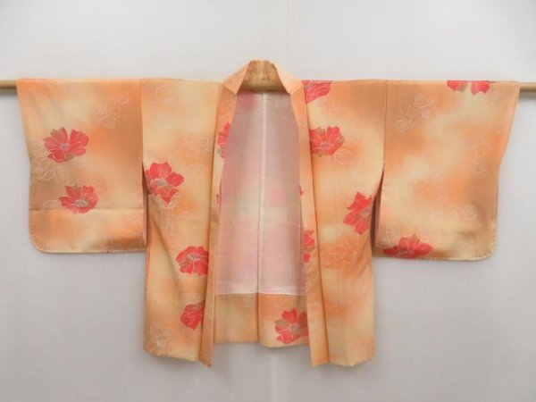 Photo5: 5301T08z500 Vintage Japanese Kimono Silk HAORI Flower Coral orange (5)