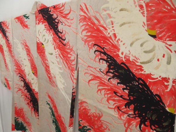 Photo2: 5301T09z470 Vintage Japanese Kimono Silk HAORI Chrysanthemum Light gray (2)