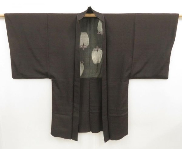 Photo5: 5301T12z480 Vintage Japanese Kimono Silk Men's HAORI  Dark brown (5)