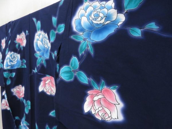 Photo2: 5301T02z490 Vintage Japanese Kimono Cotton YUKATA Rose Dark navy (2)