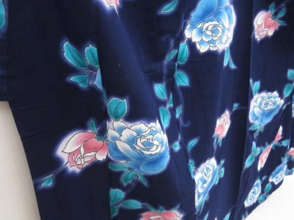 Photo3: 5301T02z490 Vintage Japanese Kimono Cotton YUKATA Rose Dark navy (3)