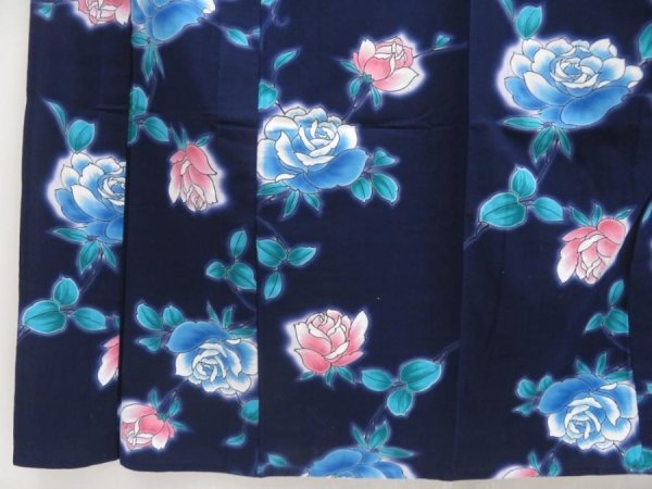 Photo4: 5301T02z490 Vintage Japanese Kimono Cotton YUKATA Rose Dark navy (4)