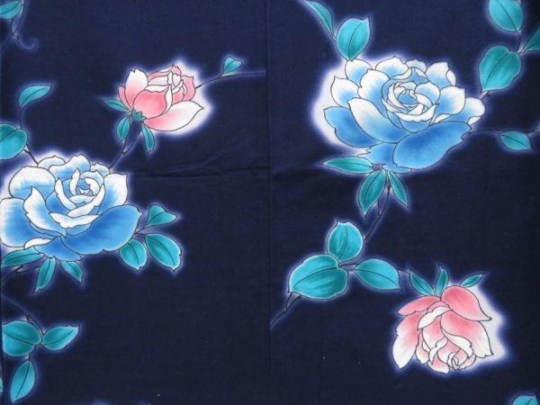 Photo5: 5301T02z490 Vintage Japanese Kimono Cotton YUKATA Rose Dark navy (5)