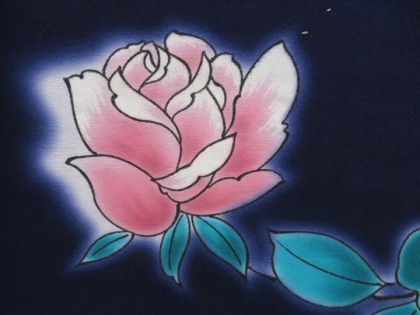 Photo6: 5301T02z490 Vintage Japanese Kimono Cotton YUKATA Rose Dark navy (6)