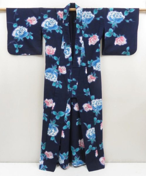 Photo8: 5301T02z490 Vintage Japanese Kimono Cotton YUKATA Rose Dark navy (8)