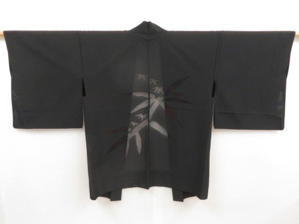 Photo1: 5301T07z330 Vintage Japanese Kimono Silk See through HAORI Bamboo grass Black (1)