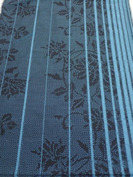 Photo1: 4G02z50  Japanese Kimono Silk TSUMUGI FABRIC Flower Light blue 40.9x14.6 (1)