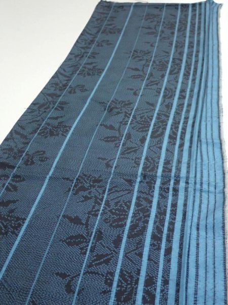 Photo3: 4G03z80  Japanese Kimono Silk TSUMUGI FABRIC Flower Light blue 66.9x14.6 (3)