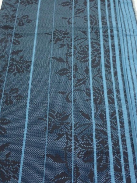 Photo1: 4G06z80  Japanese Kimono Silk TSUMUGI FABRIC Flower Light blue 66.9x14.6 (1)