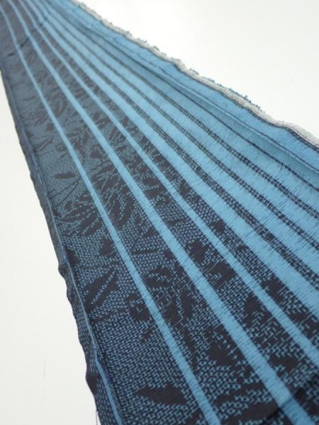 Photo1: 4G07z40  Japanese Kimono Silk TSUMUGI FABRIC Flower Light blue 60.6x7.3 (1)