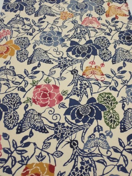 Photo1: 4G02z80  Japanese Kimono Crepe Silk  FABRIC Butterfly Sand beige 52.4x14.2 (1)