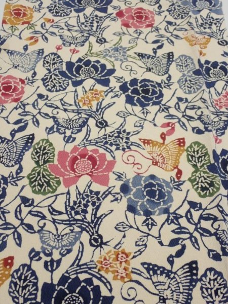 Photo1: 4G05z90  Japanese Kimono Crepe Silk  FABRIC Butterfly Sand beige 63.0x14.2 (1)