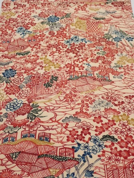 Photo1: 4G01z60  Japanese Kimono Silk  FABRIC Flowers Light cream 40.2x15.0 (1)