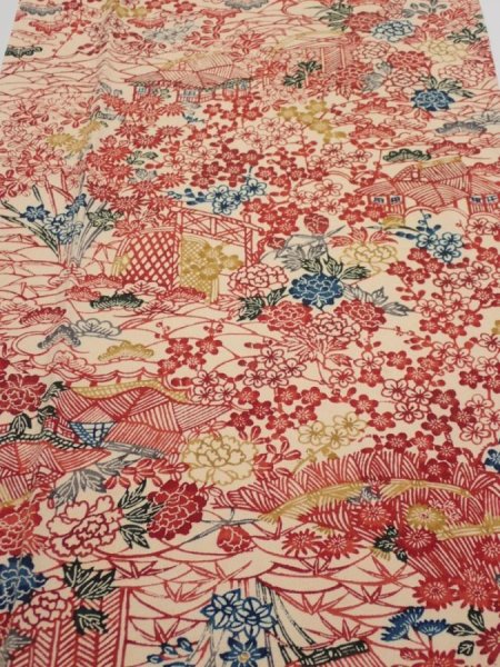 Photo1: 4G06z90  Japanese Kimono Silk  FABRIC Flowers Light cream 67.7x14.8 (1)