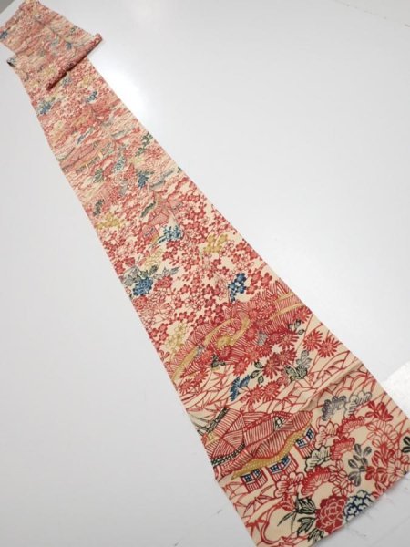 Photo6: 4G09z60  Japanese Kimono Silk  FABRIC Flowers Light cream 92.1x7.3 (6)