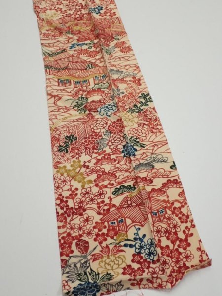 Photo3: 4G10z30  Japanese Kimono Silk  FABRIC Flowers Light cream 34.3x7.3 (3)
