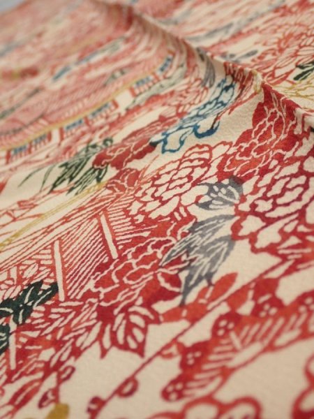 Photo5: 4G10z30  Japanese Kimono Silk  FABRIC Flowers Light cream 34.3x7.3 (5)