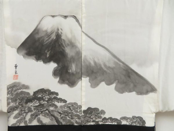 Photo1: 5302T01z560 Vintage Japanese Kimono Silk Men's HAORI Mt.Fuji Black (1)
