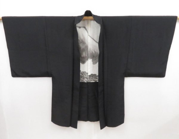 Photo2: 5302T01z560 Vintage Japanese Kimono Silk Men's HAORI Mt.Fuji Black (2)