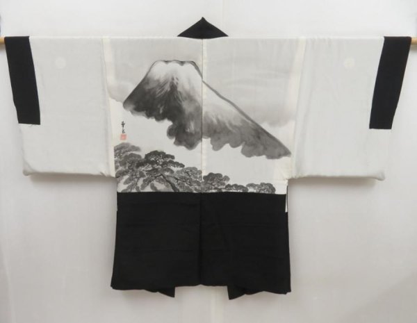 Photo3: 5302T01z560 Vintage Japanese Kimono Silk Men's HAORI Mt.Fuji Black (3)