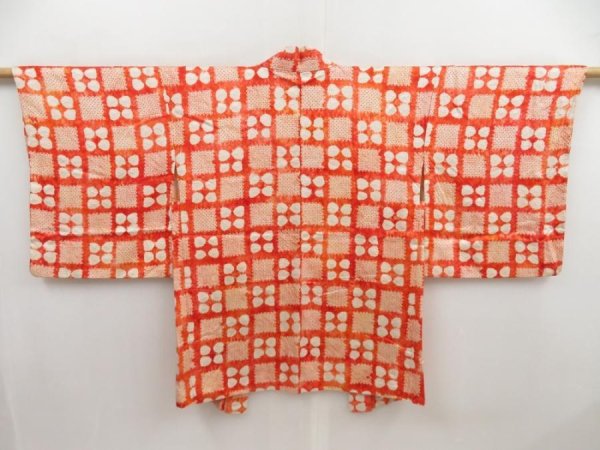 Photo1: 5302T04z540 Vintage Japanese Kimono Silk SHIBORI HAORI  Orangered (1)
