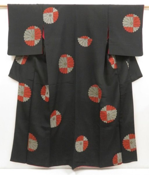 Photo1: 5302T10z910 Vintage Japanese Kimono Silk KOMON Chrysanthemum Black (1)