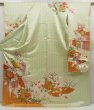 Photo1: 5302T13z1210 Vintage Japanese Kimono Silk FURISODE Peony Light green (1)