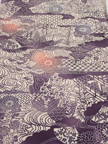 Photo1: 4G01z60  Japanese Kimono Silk  FABRIC Scenery Dark purple 40.2x14.2 (1)