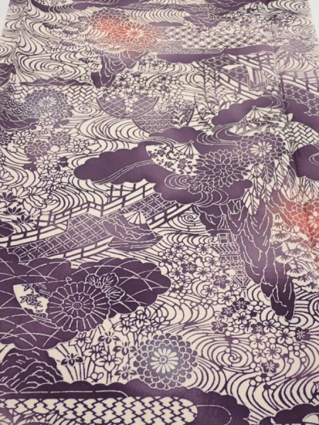Photo1: 4G05z100  Japanese Kimono Silk  FABRIC Scenery Dark purple 66.9x14.2 (1)