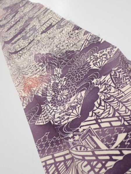Photo1: 4G07z40  Japanese Kimono Silk  FABRIC Scenery Dark purple 57.5x7.1 (1)