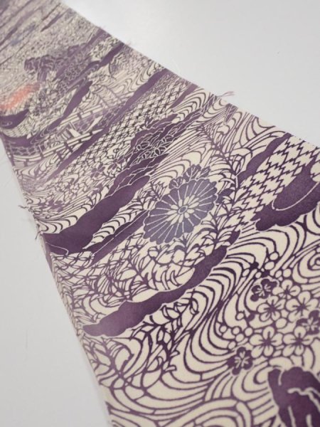 Photo1: 4G08z40  Japanese Kimono Silk  FABRIC Scenery Dark purple 57.5x7.1 (1)